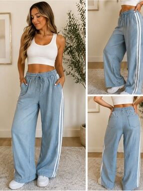 So Me Wide Leg Pants Blue Stripe Drawstring Lounge Athleisure Size M